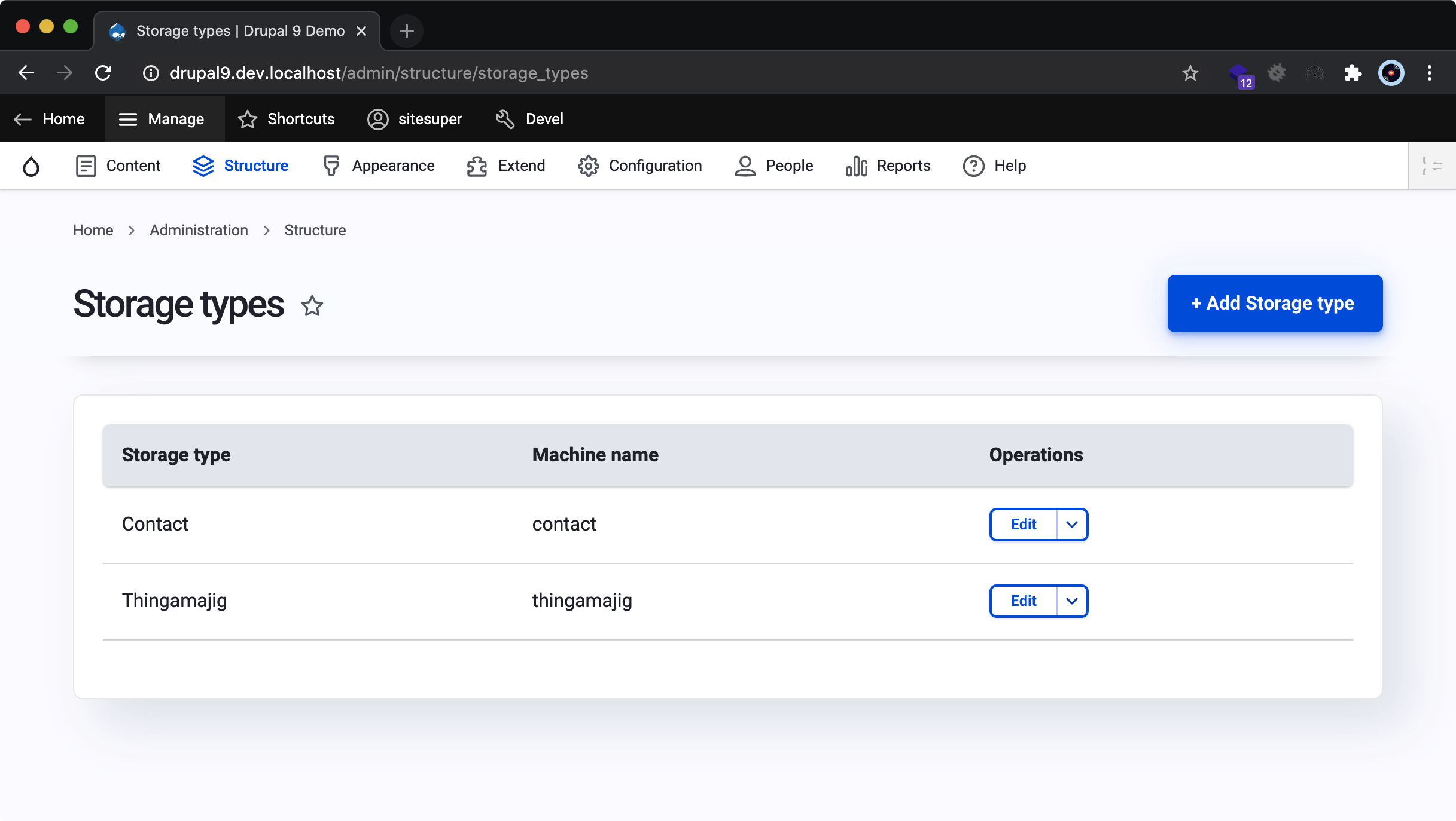 The Storage Types admin page