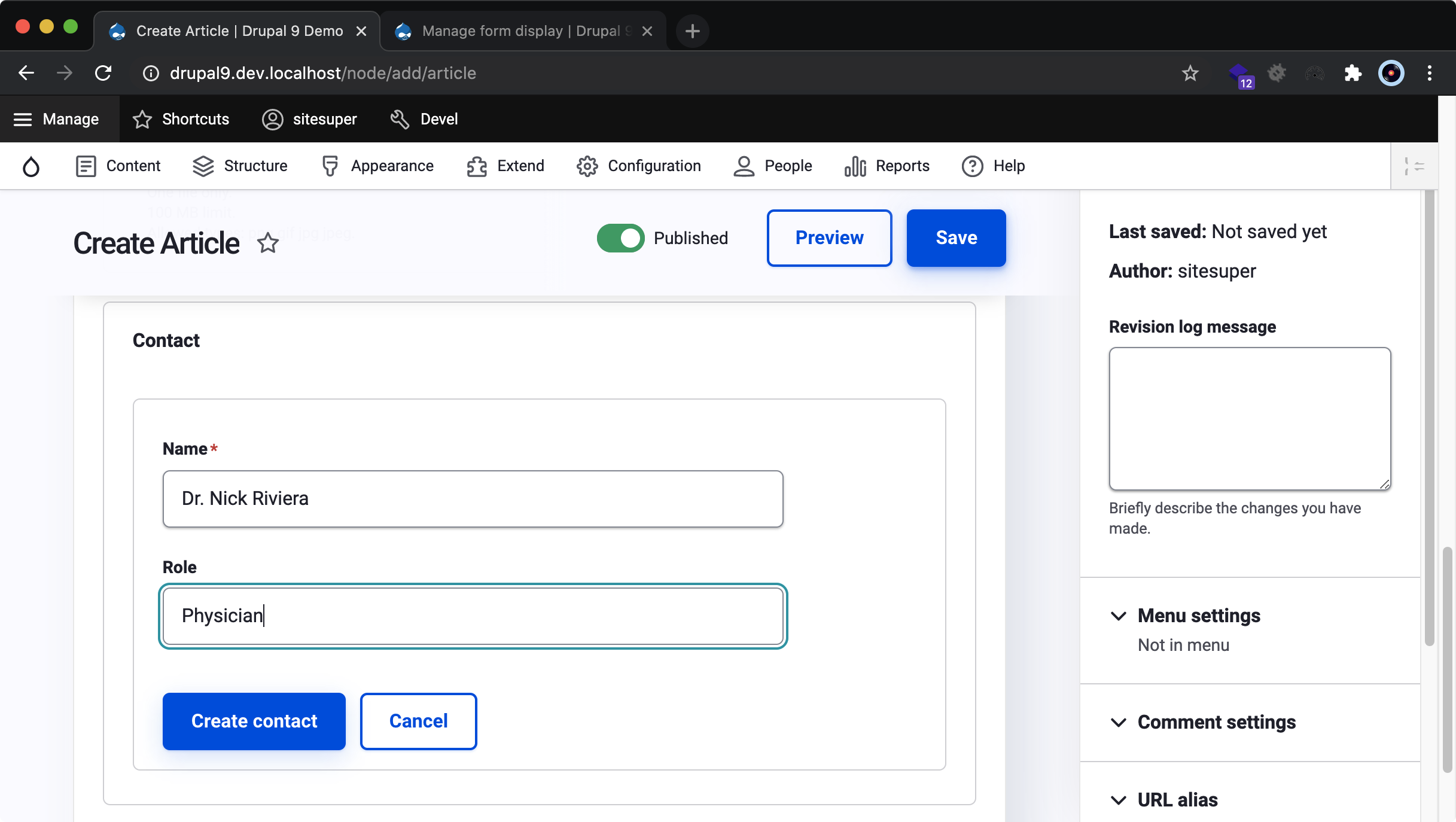 Inline Entity Form's complex widget open to create a new contact