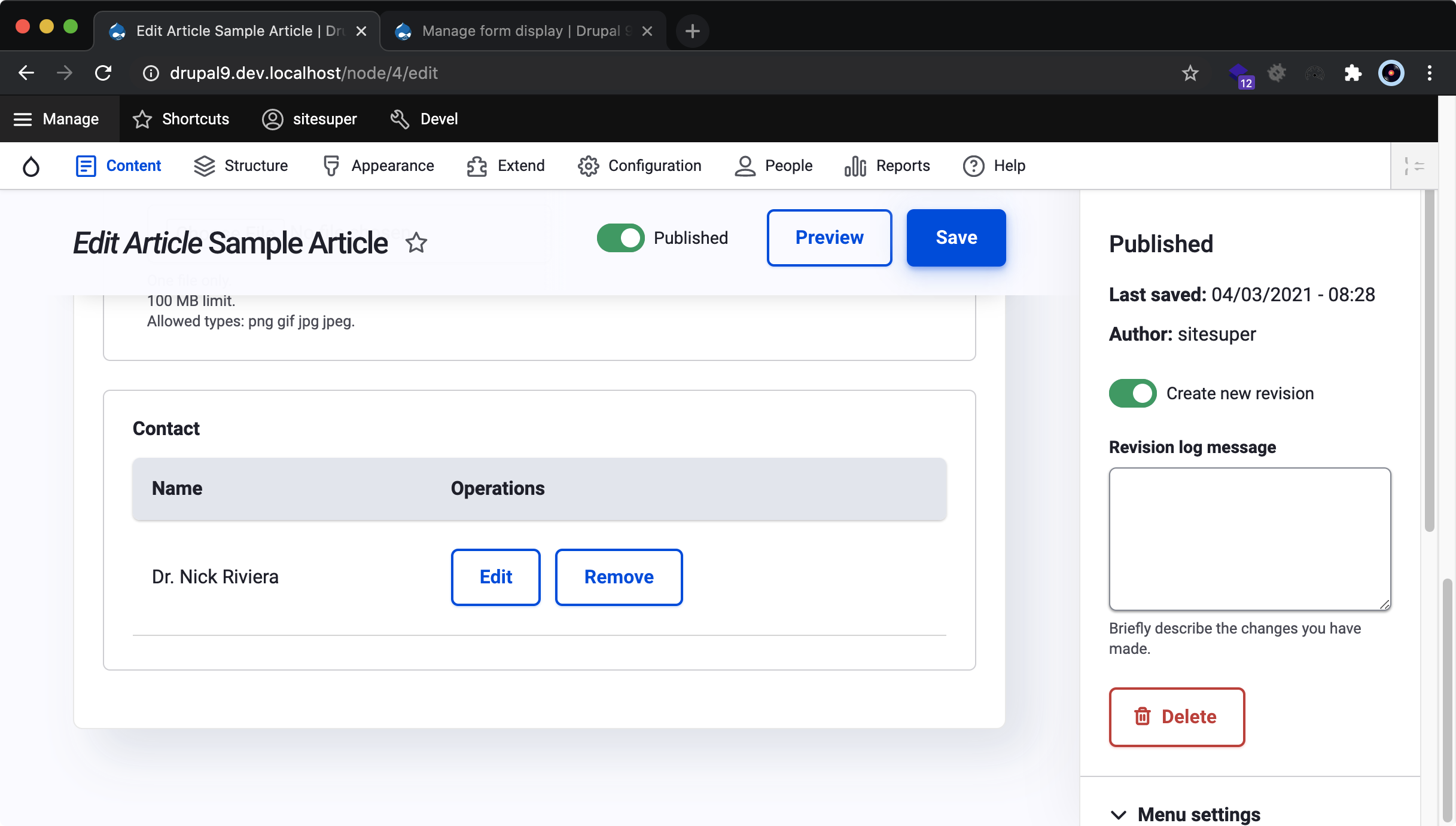 Inline Entity Form's complex widget showing the contact label and edit and remove actions