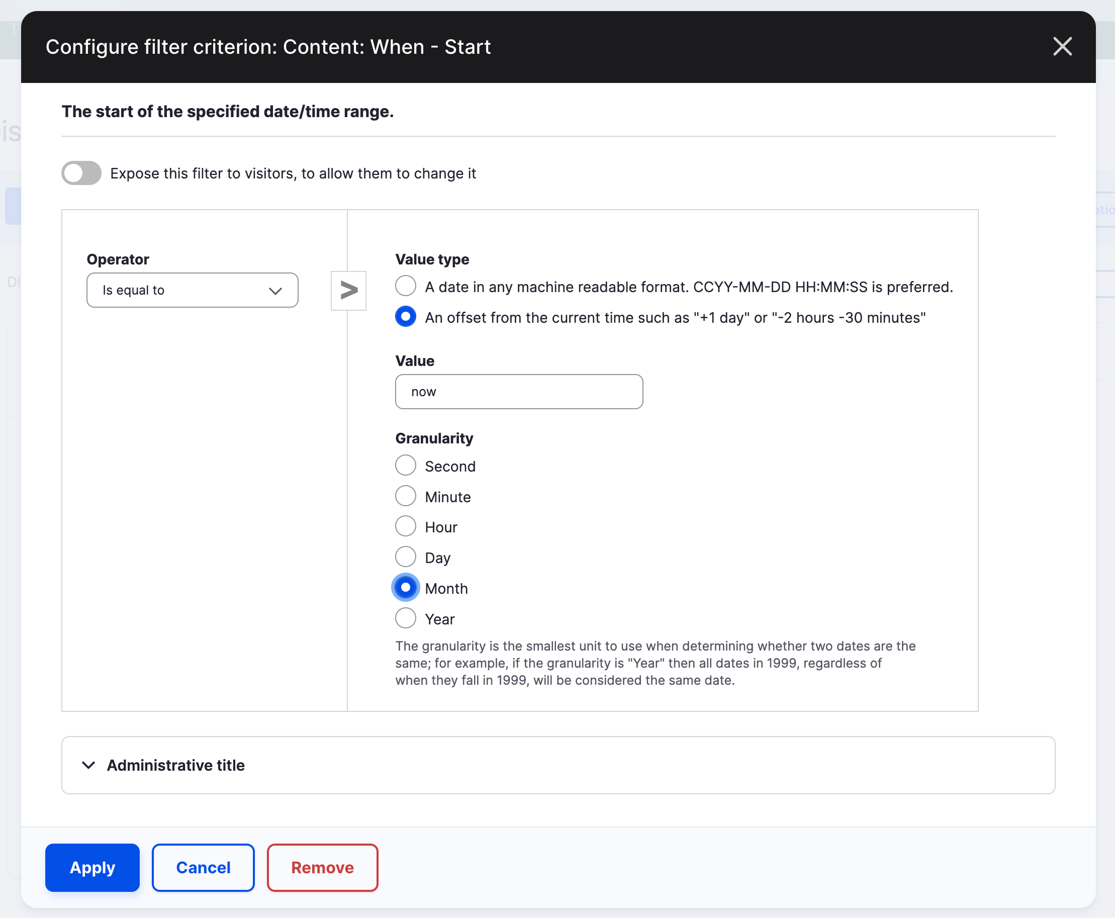 Screen capture of the new ability to set granularity for date filters in views