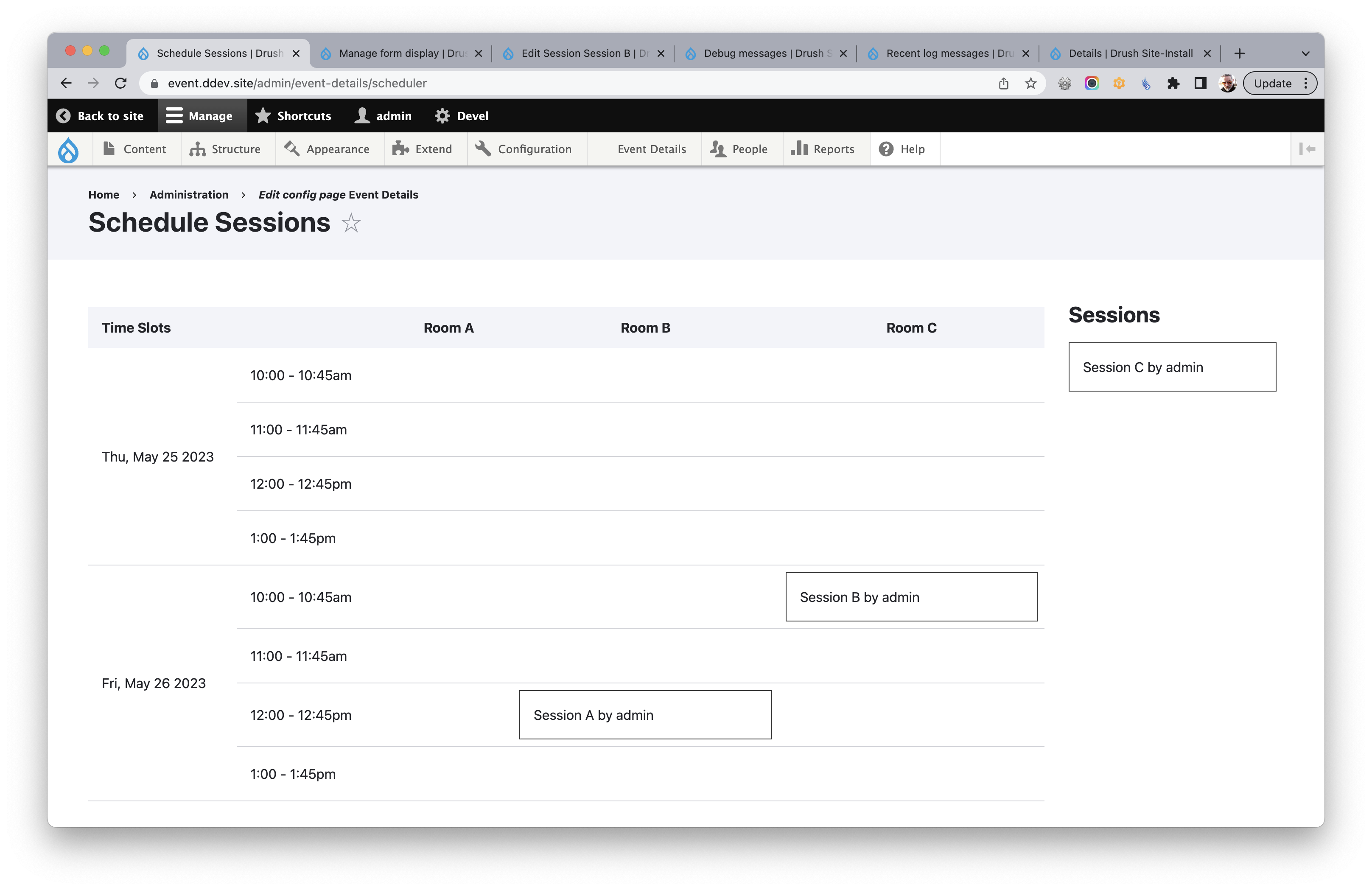 Grid of available session slots, with a list of available sessions