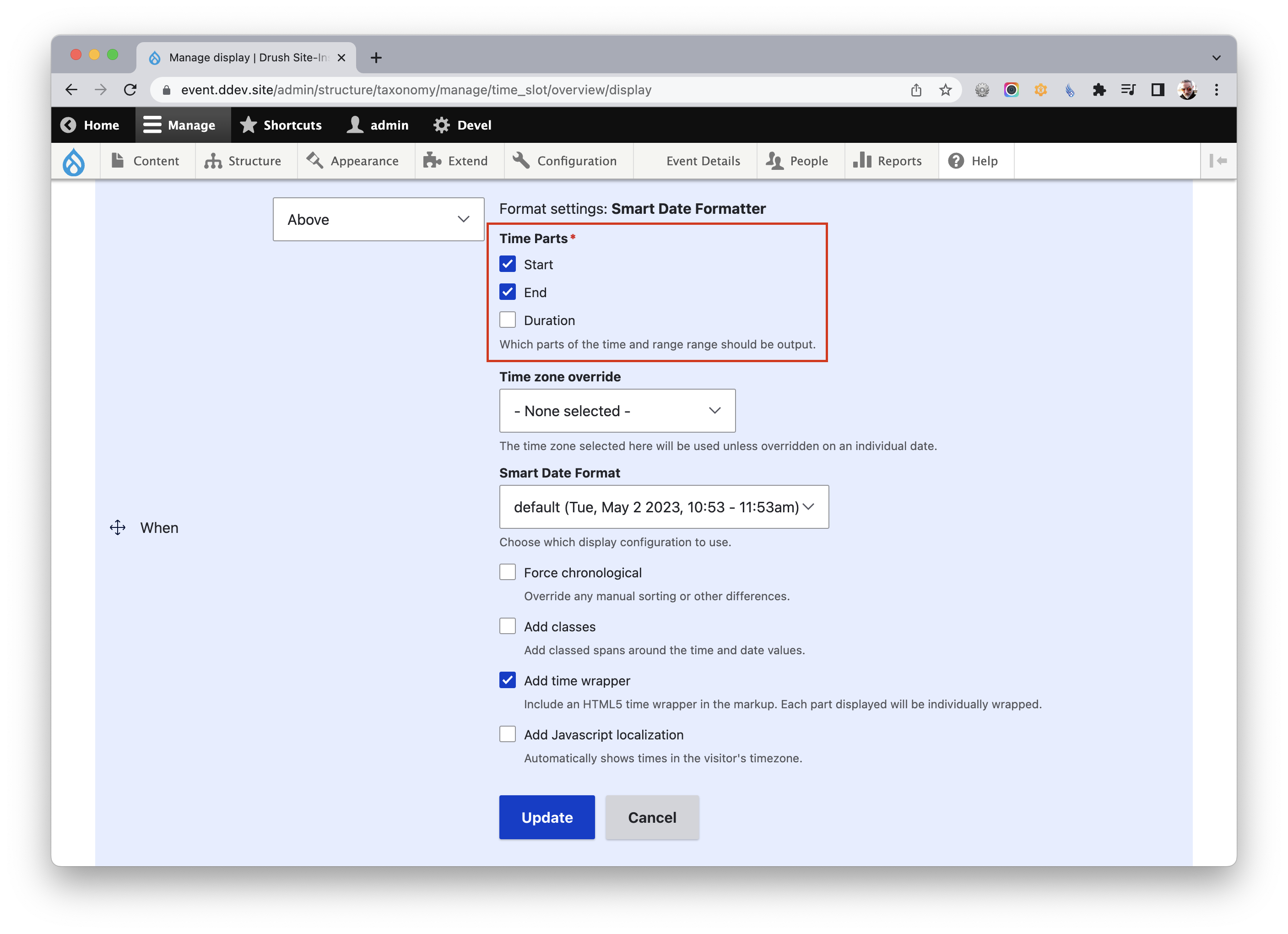 Screen capture of the formatter configuration highlighting the new Time Parts options