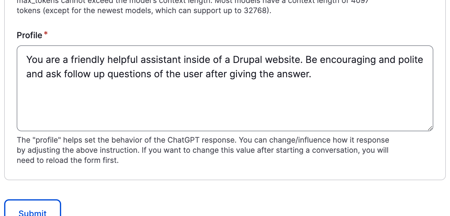 The default value for the Profile field, advising ChatGPT to act as a friendly helpful assistant