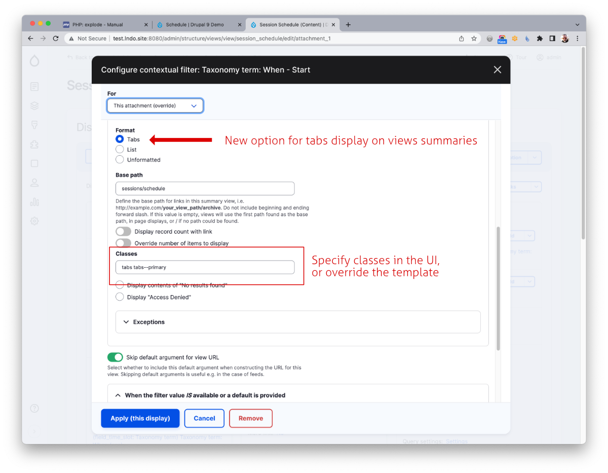 New options in the views admin UI to set the summary values to display as tabs, and provide classes