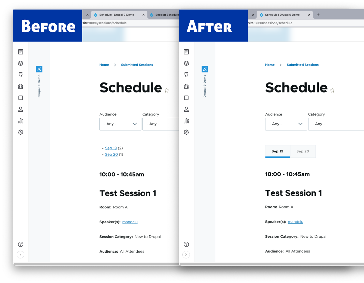 A comparison of the summary values being displayed as an unordered list (before) and as a set of formatted tabs (after)