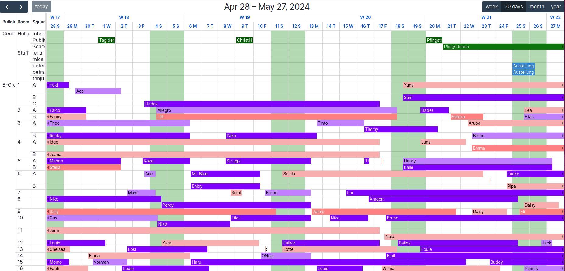 A complicated calendar grid with lots of overlapping dates, color-coded to reflect the different pets scheduled
