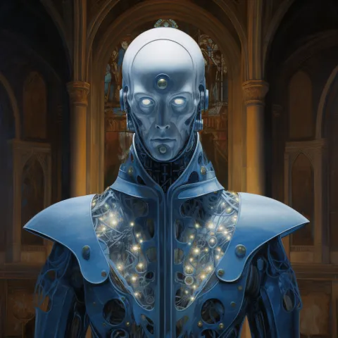 A blue robot painted in the style of a religious icon
