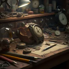 A cluttered clock-maker's bench